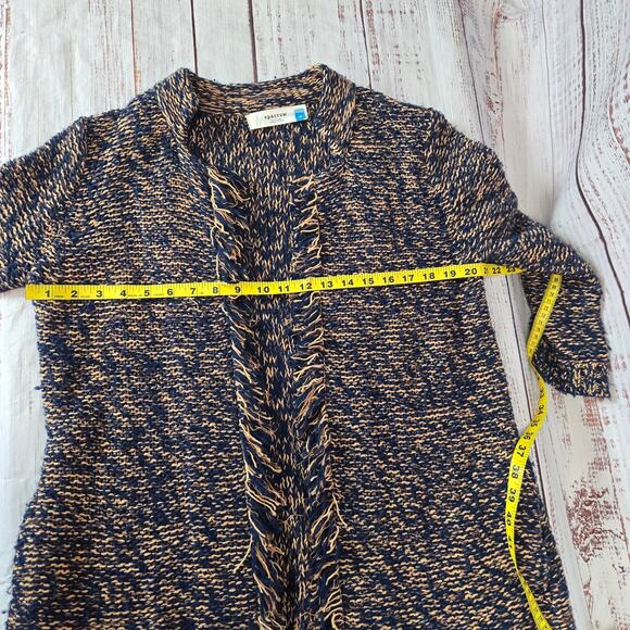 Anthropologie Sparrow Knit Cardigan M Navy Tan Fringe Boho Sweater with Pockets - Picture 10 of 13